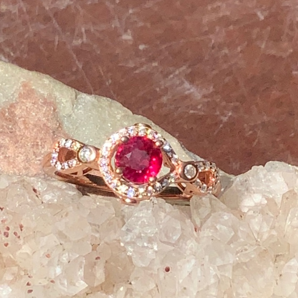 RUBY & CUBIC ZIRCONIA 14K ROSE GOLD PLATED OVER 925 STERLING SILVER, SIZE 7